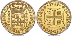 João V gold 4000 Reis 1719-B MS62 NGC, Bahia mint, KM106, Fr-30. A nearly choice example with flashy, satiny surfaces that boost the eye appeal beyond...