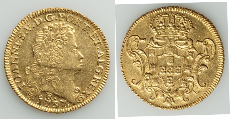 João V gold 6400 Reis 1737-R AU (Harshly Cleaned), Rio de Janeiro mint, KM149. 3...