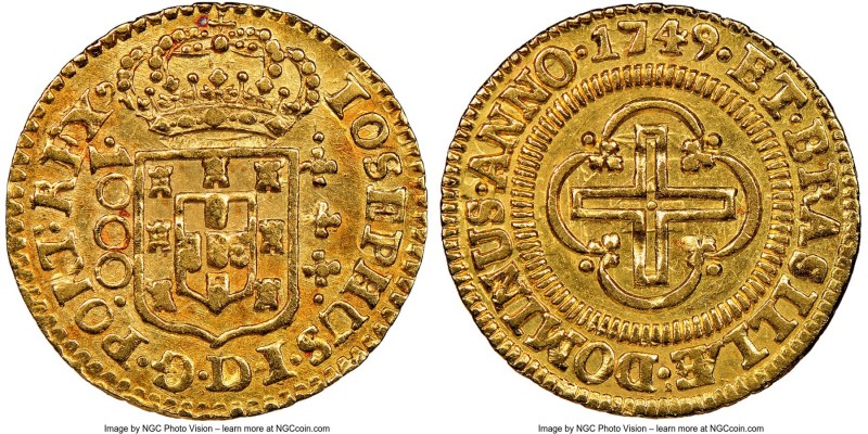 Jose I gold "Reversed D" 1000 Reis 1749-L AU55 NGC, Lisbon mint, KM161, Gomes-58...