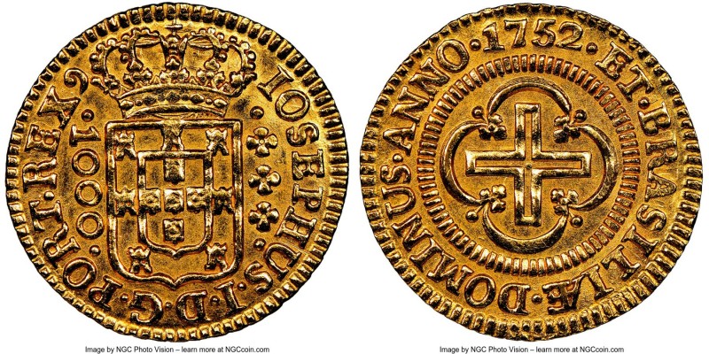 Jose I gold 1000 Reis 1752-(L) MS63 NGC, Lisbon mint, KM162.1, LMB-300. Rarely f...