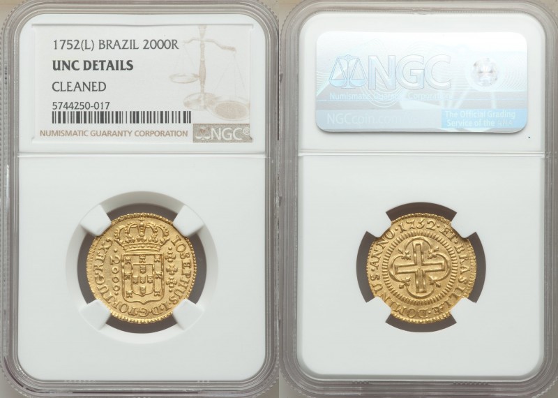 Jose I gold 2000 Reis 1752-(L) UNC Details (Cleaned) NGC, Lisbon mint, KM182.1. ...