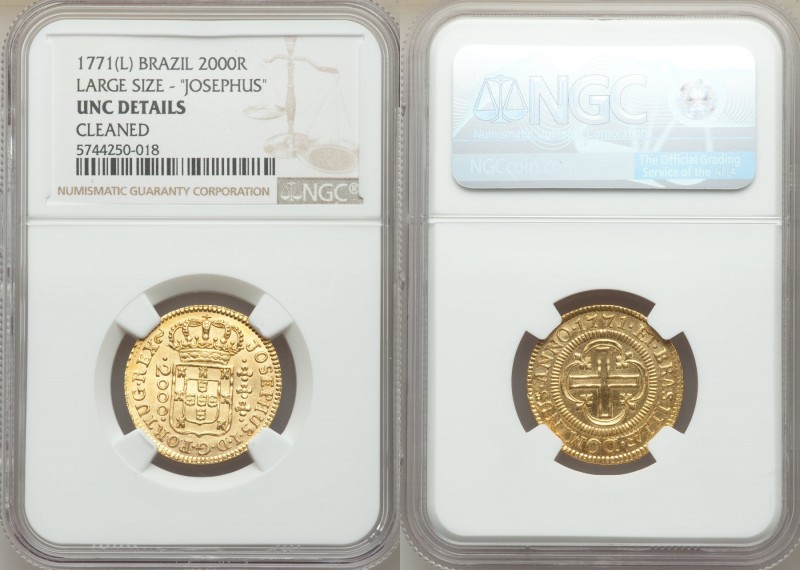 Jose I gold 2000 Reis 1771-(L) UNC Details (Cleaned) NGC, Lisbon mint, KM182.2, ...
