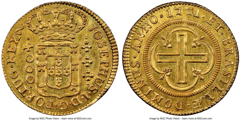Jose I gold "Large Crown" 4000 Reis 1771-(L) MS63 NGC, Lisbon mint, KM171.3, LMB...