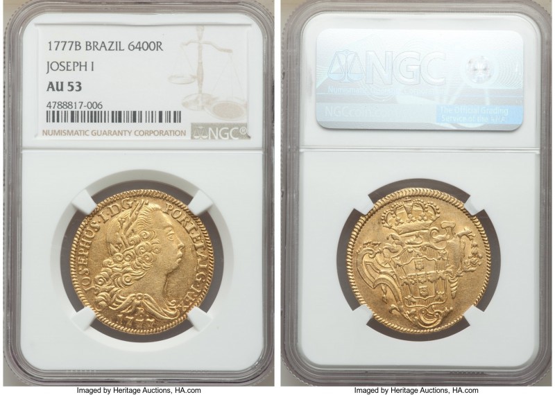 Jose I gold 6400 Reis 1777-B AU53 NGC, Bahia mint, KM172.1. A lightly circulated...