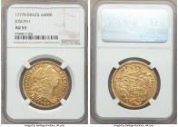 Jose I gold 6400 Reis 1777-B AU53 NGC, Bahia mint, KM172.1. A lightly circulated example, and attractive, exhibiting a faint coppery patina. AGW 0.422...