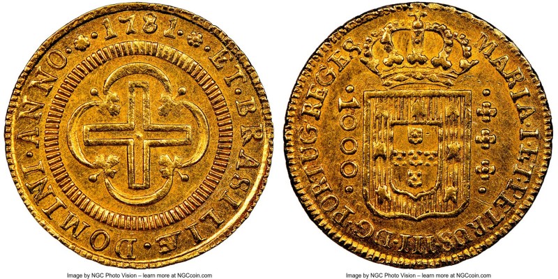 Maria I & Pedro III gold 1000 Reis 1781-(L) MS62 NGC, Lisbon mint, KM208, LMB-44...