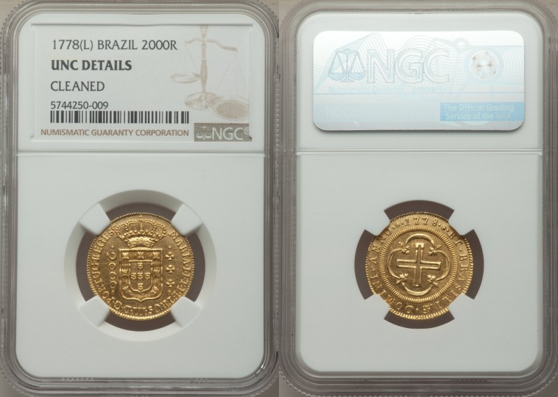 Maria I & Pedro III gold 2000 Reis 1778-(L) UNC Details (Cleaned) NGC, Lisbon mi...