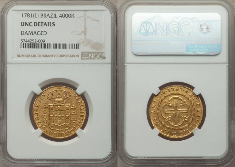 Maria I & Pedro III gold 4000 Reis 1781-(L) UNC Details (Damaged) NGC, Lisbon mi...