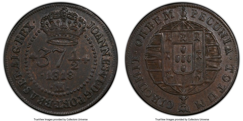 João VI 37-1/2 Reis 1818-M AU55 PCGS, Minas Gerais mint, KM317.1, LMB-549, Bente...