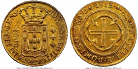 João Prince Regent gold 4000 Reis 1813-(R) MS62 NGC, Rio de Janeiro mint, KM235.2, LMB-573. Notably satiny in the margins with bright cartwheel luster...