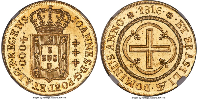 João Prince Regent gold 4000 Reis 1816-(R) MS63 NGC, Rio de Janeiro mint, KM235....