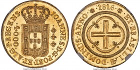 João Prince Regent gold 4000 Reis 1816-(R) MS63 NGC, Rio de Janeiro mint, KM235.2, LMB-576. "REGENS" on obverse. Almost perfectly centered with a part...