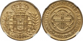 João VI gold 4000 Reis 1822/1-(R) MS62 NGC, Rio de Janeiro mint, KM327.1, LMB-586. An already very attractive type made all the more so in this near-c...
