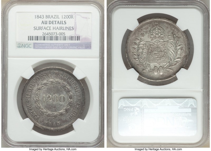 Pedro II 1200 Reis 1843 AU Details (Surface Hairlines) NGC, KM454. From a mintag...