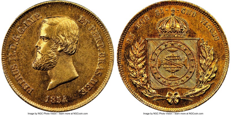 Pedro II gold 5000 Reis 1854 MS62 NGC, Rio de Janeiro mint, KM470, LMB-637a. Exh...