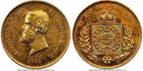 Pedro II gold 5000 Reis 1854 MS62 NGC, Rio de Janeiro mint, KM470, LMB-637a. Exhibiting sleek and lustrous surfaces with almost no significant marks n...