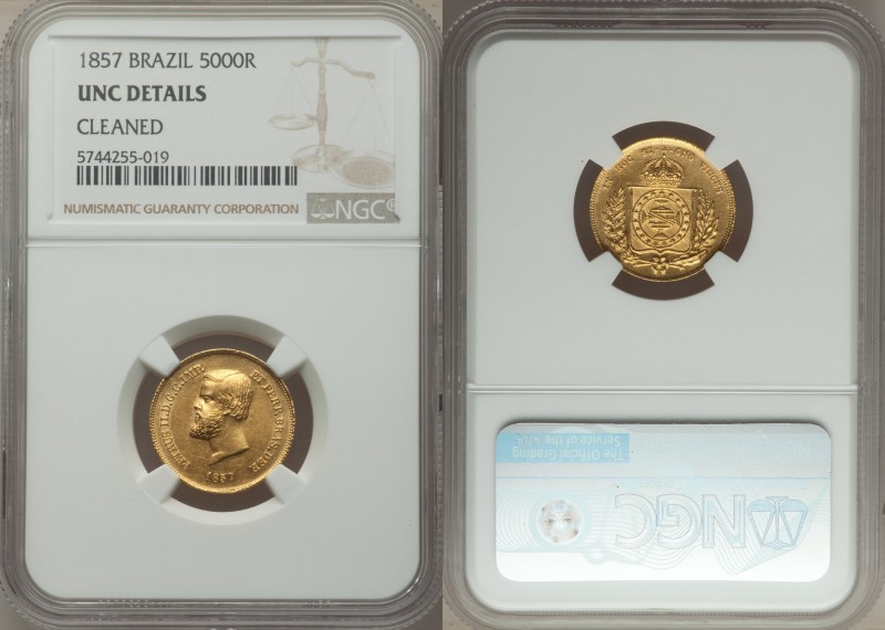 Pedro II gold 5000 Reis 1857 UNC Details (Cleaned) NGC, Rio de Janeiro mint, KM4...