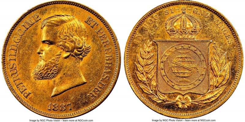 Pedro II gold 10000 Reis 1887 MS63 NGC, Rio de Janeiro mint, KM467, Fr-122, LMB-...