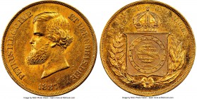 Pedro II gold 10000 Reis 1887 MS63 NGC, Rio de Janeiro mint, KM467, Fr-122, LMB-670. Scarcely found in any Choice Mint State grade, this example exhib...
