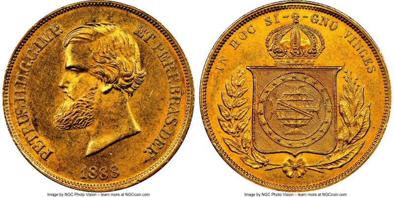 Pedro II gold 10000 Reis 1888 MS63 NGC, Rio de Janeiro mint, KM467. Shimmering w...