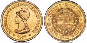 Republic gold 20000 Reis 1907 MS61 NGC, Rio de Janeiro mint, KM497, Fr-124, LMB-726. Mintage: 3,310. Of notably better visual appeal than is usually e...