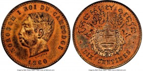 Norodom I bronze Specimen Medallic 10 Centimes 1860 SP64 Red and Brown NGC, KM-XM3, Lec-21. A glimmering specimen with plentiful mint red color. 

H...
