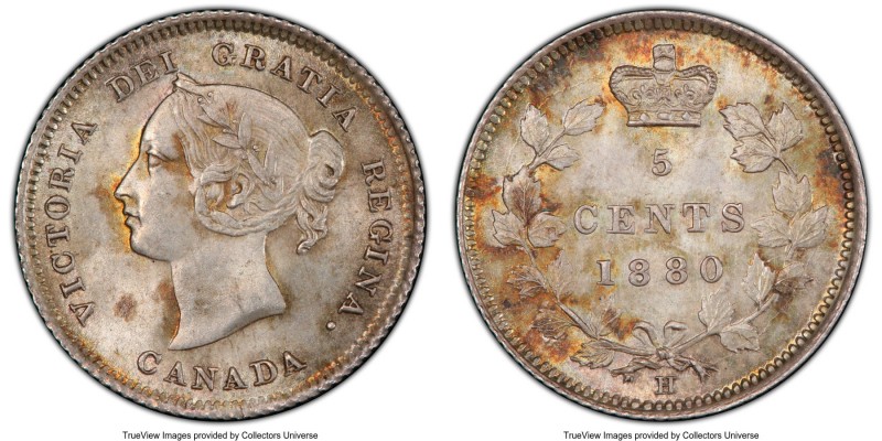Victoria 5 Cents 1880-H MS64 PCGS, Heaton mint, KM2. A decidedly scarce date in ...