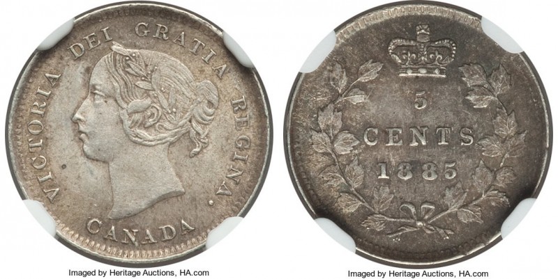 Victoria "Large 5" 5 Cents 1885 MS63 NGC, London mint, KM2. Large 5 variety. A n...