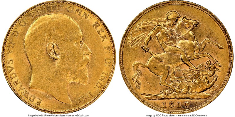 Edward VII gold Sovereign 1910-C AU58 NGC, Ottawa mint, KM14, S-3970. Mintage: 2...