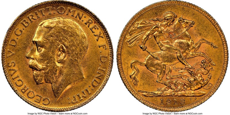 George V gold Sovereign 1913-C AU58 NGC, Ottawa mint, KM20, S-3997. Mintage: 3,7...