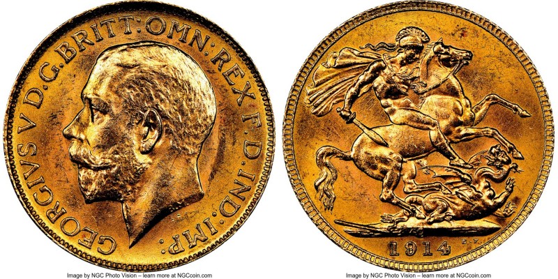 George V gold Sovereign 1914-C MS63 NGC, Ottawa mint, KM20, S-3997. A pale yello...