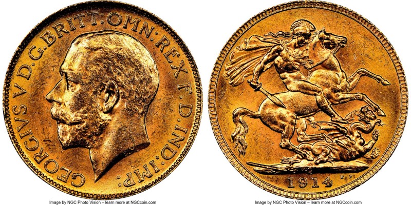 George V gold Sovereign 1914-C MS62+ NGC, Ottawa mint, KM20. A near-choice examp...