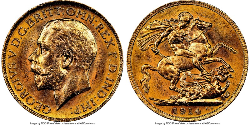 George V gold Sovereign 1914-C MS61 NGC, Ottawa mint, KM20, S-3997. AGW 0.2355 o...
