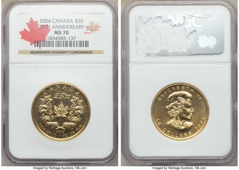 Elizabeth II gold "25th Anniversary of the Maple Leaf" 50 Dollars 2004 MS70 NGC,...