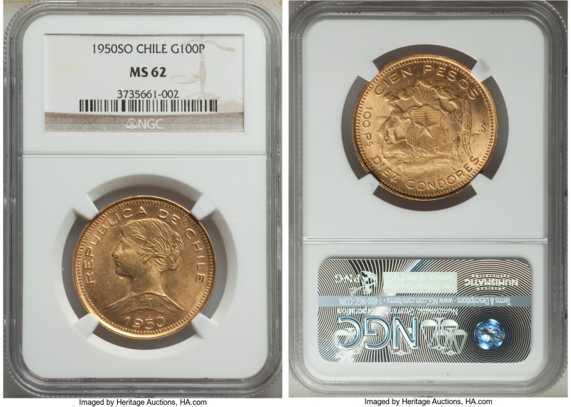 Republic gold 100 Pesos 1950-So MS62 NGC, Santiago mint, KM175. Mintage: 20,000....