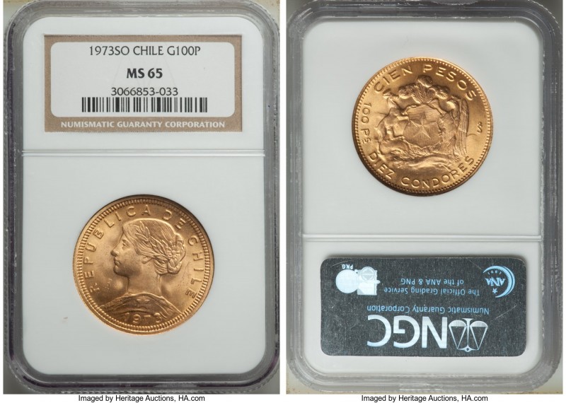 Republic gold 100 Pesos 1973-So MS65 NGC, Santiago mint, KM175. Satin surface wi...