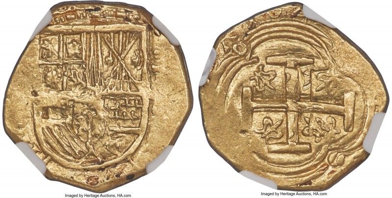 Philip IV gold Cob 2 Escudos ND (1621-1665) AU58 NGC, KM4.x. 6.59gm. Though this...