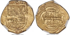 Philip IV gold Cob 2 Escudos ND (1621-1665) AU58 NGC, KM4.x. 6.59gm. Though this example lacks a mintmark or assayer, the fleurs within the arms of th...