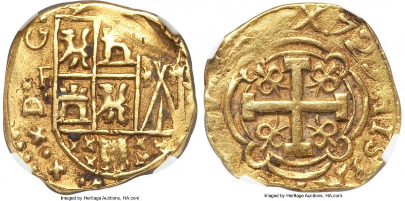 Philip V gold Cob 2 Escudos 1729-SF AU50 NGC, Nuevo Reino mint, KM17.2 (Rare), C...