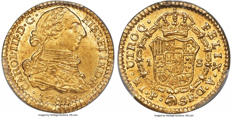 Charles III gold Escudo 1788 P-SF MS63 PCGS, Popayan mint, KM48.2a. An appealing...
