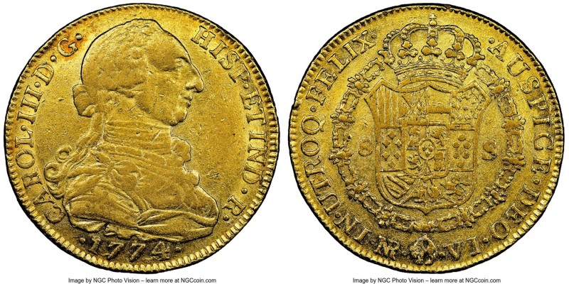 Charles III gold 8 Escudos 1774 NR-VJ XF40 NGC, Nuevo Reino mint, KM50.1. Sold w...