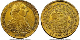 Charles III gold 8 Escudos 1775/4 P-JS AU53 NGC, Popayan mint, KM50.2, Fr-36, Onza-804, Restrepo-M73.12. A scarce overdate, found here with only a tou...