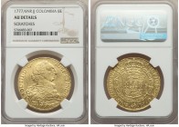 Charles III gold 8 Escudos 1777/6 NR-JJ AU Details (Scratches) NGC, Nuevo Reino mint, KM50.1. Struck with a clear 1777/6 overdate. Sold with previous ...
