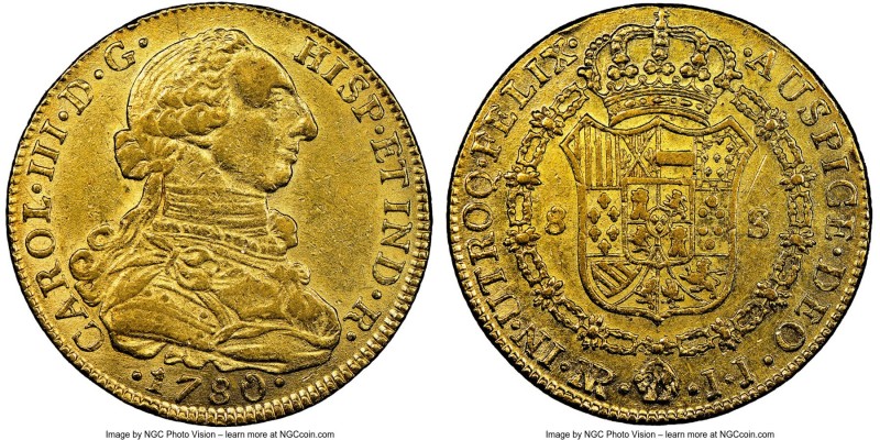 Charles III gold 8 Escudos 1780 NR-JJ AU55 NGC, Nuevo Reino mint, KM50.1. Sold w...