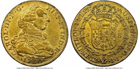 Charles III gold 8 Escudos 1780 NR-JJ AU55 NGC, Nuevo Reino mint, KM50.1. Sold with previous auction tag. Ex. Cayón Subastas (December 2015, Lot 525)...