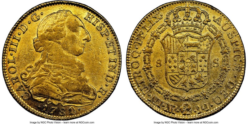 Charles III gold 8 Escudos 1781/0 NR-JJ AU53 NGC, Nuevo Reino mint, KM50.1. Sold...