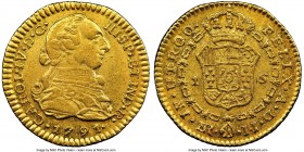 Charles IV gold Escudo 1791 NR-JJ AU50 NGC, Nuevo Reino mint, KM54.1, Restrepo-82.6. The final year for this short-lived transitional issue bearing th...