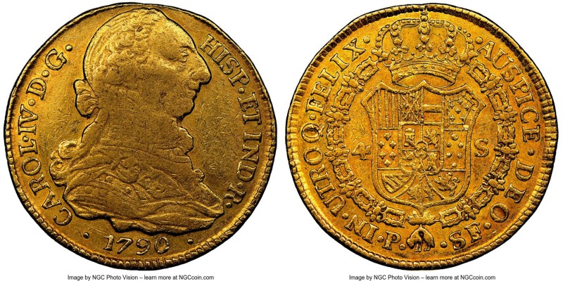 Charles IV gold 4 Escudos 1790 P-SF XF40 NGC, Popayan mint, KM52.2, Restrepo-92....