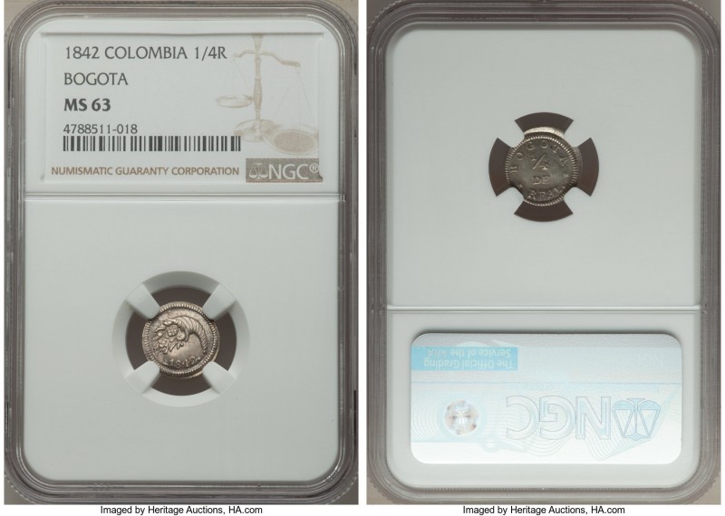 Nueva Granada 1/4 Real 1842-BOGOTA MS63 NGC, Bogota mint, KM90.1, Restrepo-172.1...
