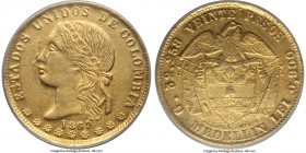 Estados Unidos gold 20 Pesos 1869-MEDELLIN AU55 PCGS, Medellin mint, KM142.2, Restrepo-337.5. Mintage: 7,313. Particularly lustrous in the margins wit...